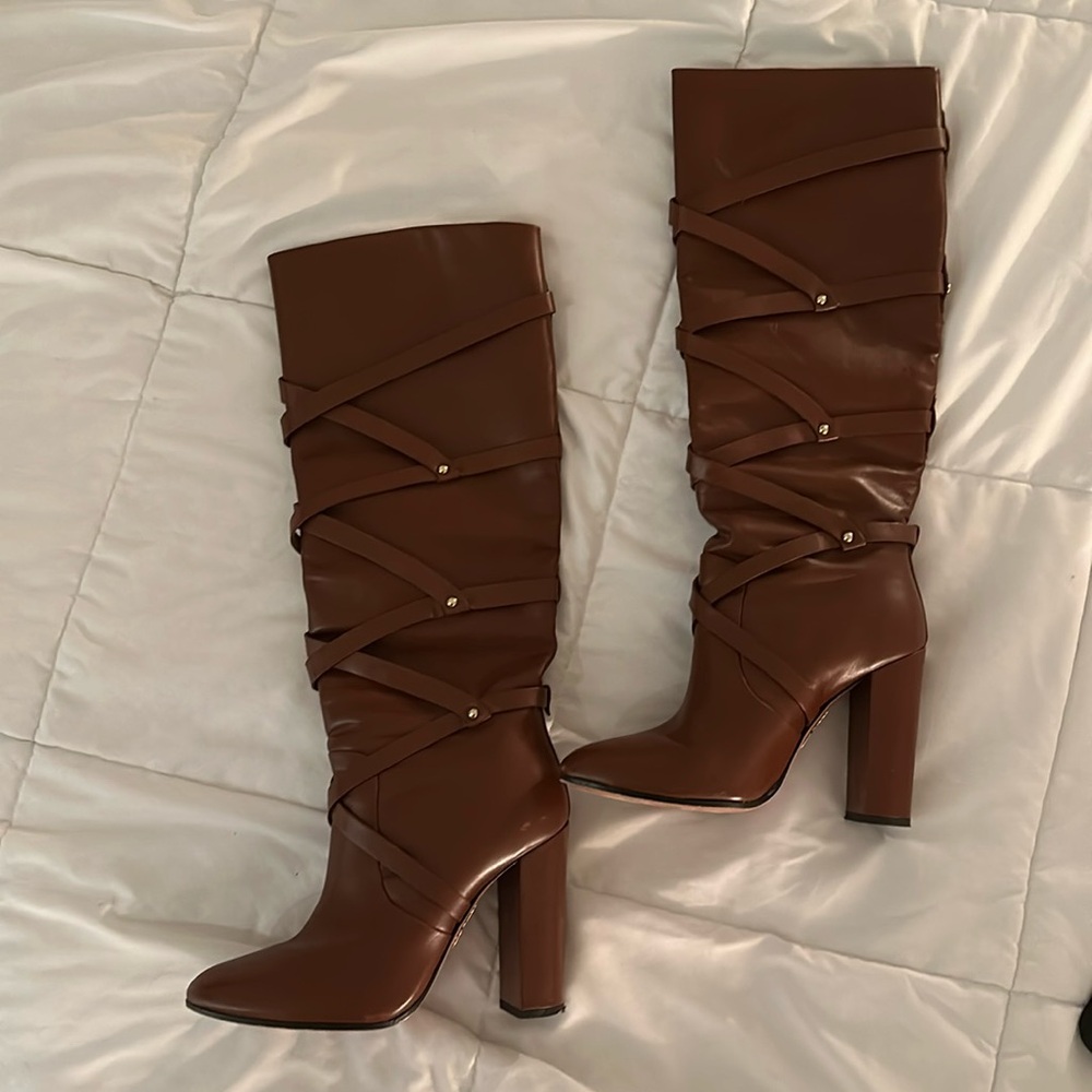 Aquazzura Belair Calf Leather Luggage Knee High Boots $1,350 (Size: 39.5EU)